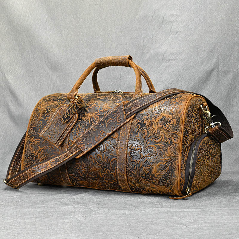 New Vintage Crazy Horse Leather Duffle Bag 20 Inch Shoulder Travel Gym Weekender with Shoe Compartment
