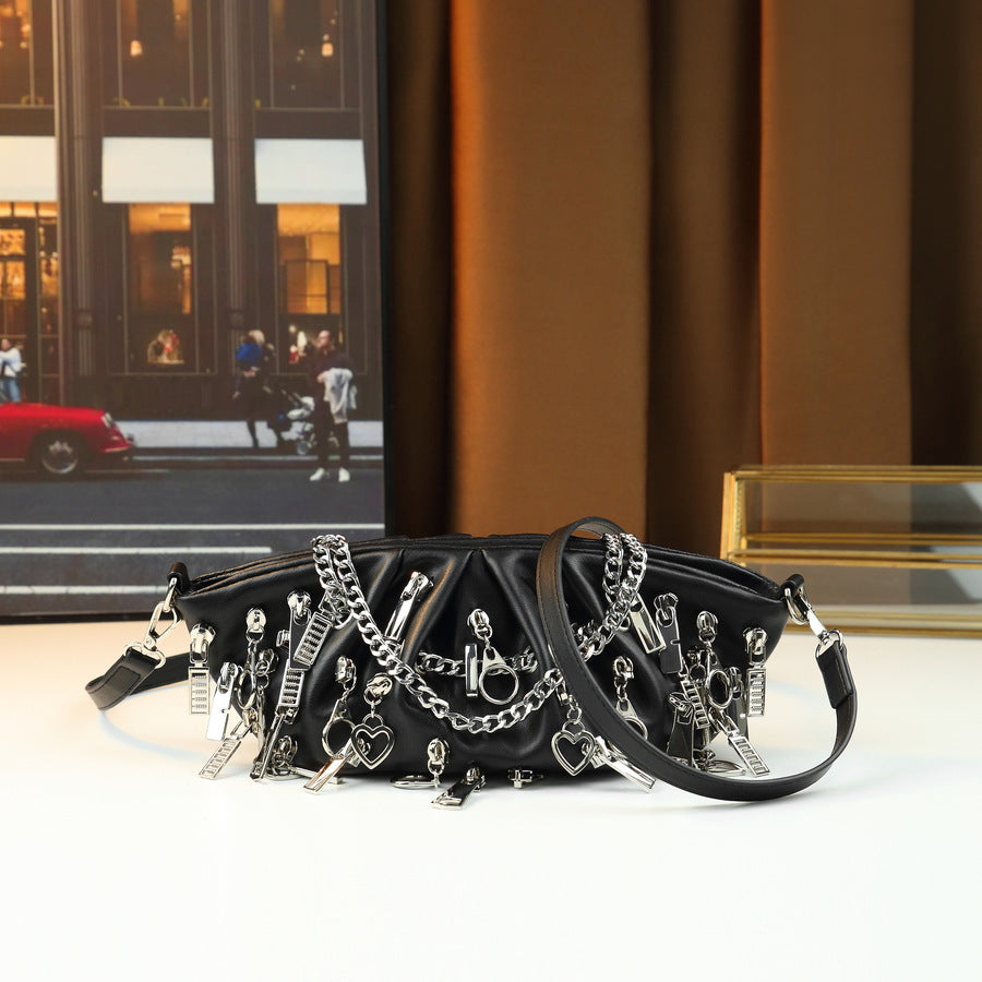 Punk Black Pleated Cloud Dumpling Bag for Women Chain Shoulder Crossbody Handbag, Edgy Zipper Detail Purse with Cool Street Style