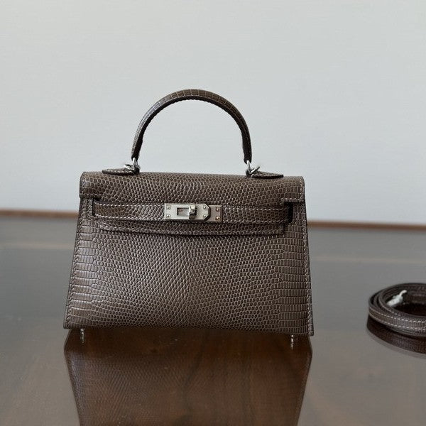 Genuine Leather Lizard-Embossed 2nd Gen Kelly-Style 19cm Bag for Women, Small Square Crossbody Shoulder Top Handle Purse, Trendy Handbag for Ladies
