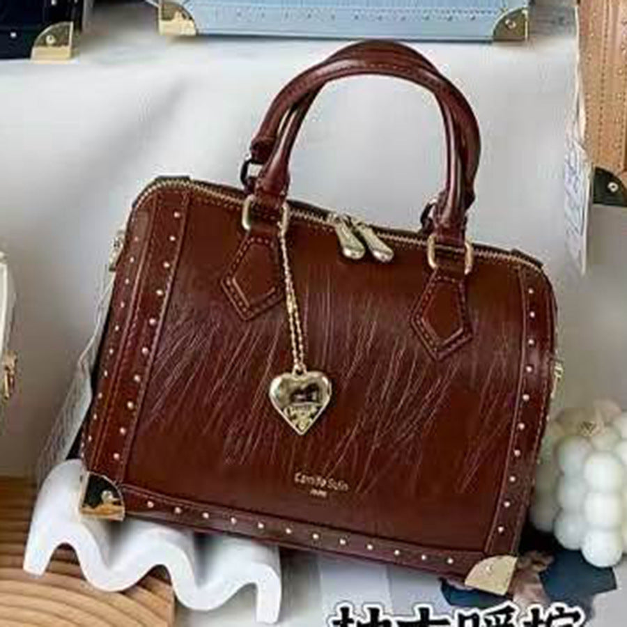 Studded Boston Pillow Bag for Women Vintage Commuter Top Handle Shoulder Crossbody Purse with Premium Hardware Accent
