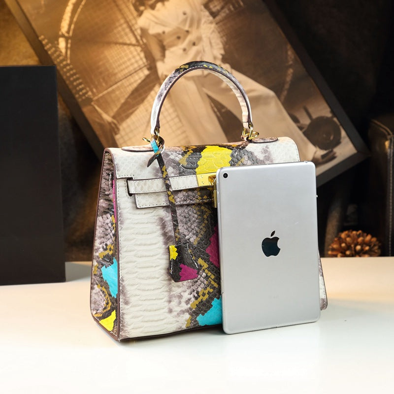 Genuine Leather Kelly Bag 2nd Generation Birkin Style Large Tote Shoulder Crossbody Handbag with Snakeskin Embossed Pattern