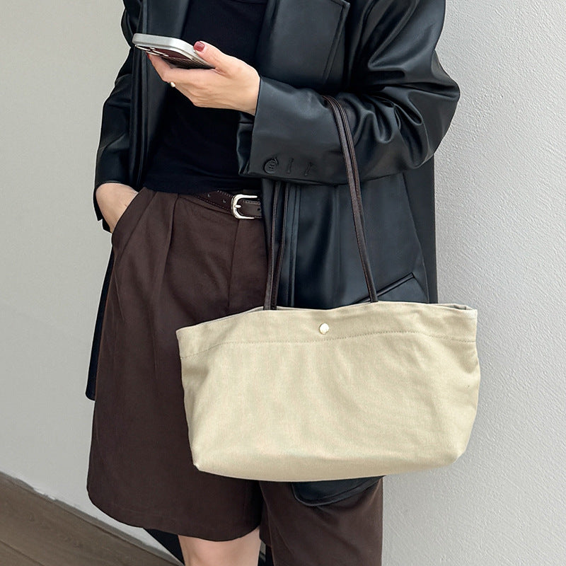 Top Layer Cowhide & Canvas Large Capacity Tote Bag for Women, Casual Underarm Shoulder Bag for Work Commute, Blank Plain Purse for Wholesale
