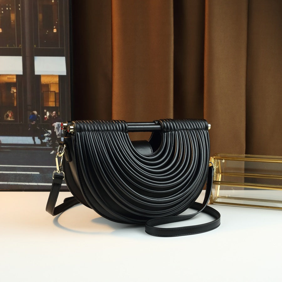 Noodle-Line Design Half-Moon Bag for Women Premium Textured Shoulder Crossbody Purse, Unique Woven Strap Detail with Versatile Everyday Style
