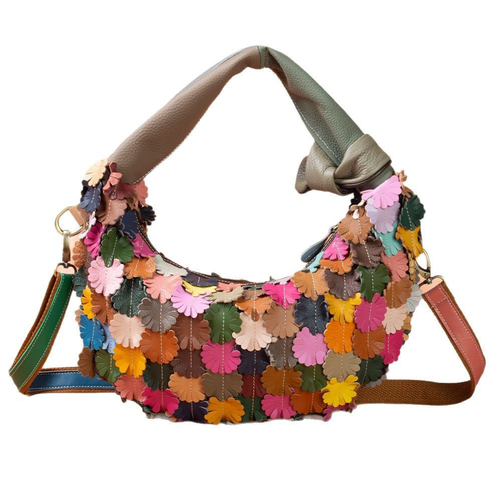 Genuine Leather Ethnic Colorful Patchwork Floral Crescent Bag for Women, New Arrival Bohemian Crossbody Shoulder Purse, Unique Designer Handbag for Ladies