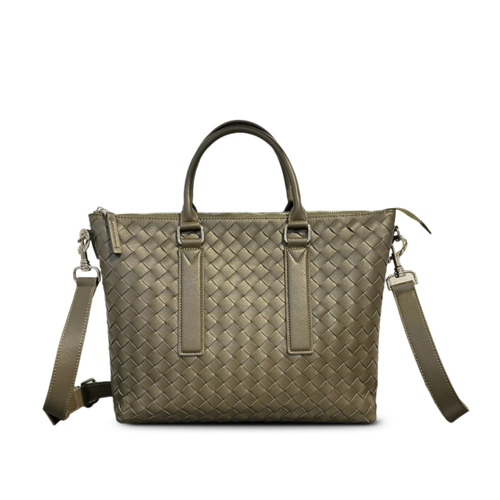 Genuine Leather Woven Large Tote Briefcase, Business Commuter Handbag, Unisex Shoulder & Crossbody Bag