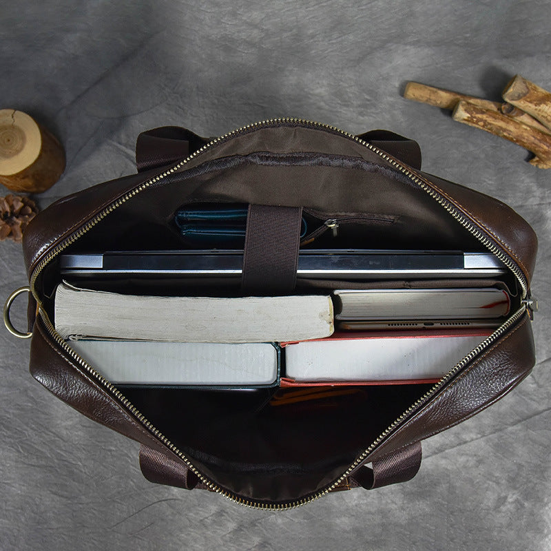 Fashionable Top Layer Cowhide Business Briefcase, Laptop Shoulder Crossbody Commute Bag, Premium Genuine Leather Work Bag for Men