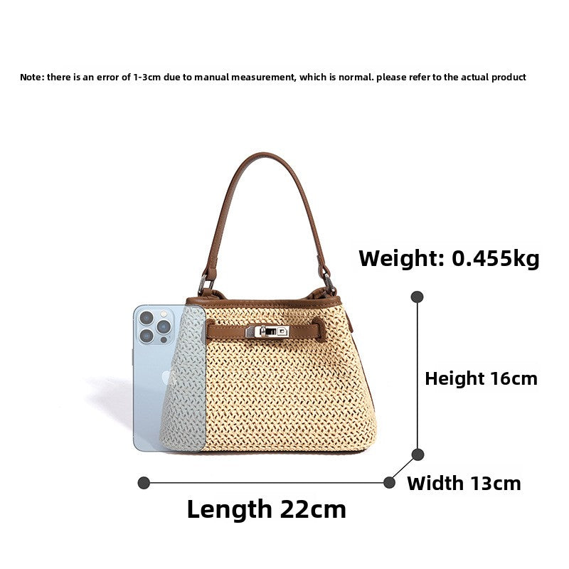 Casual Basket Woven Bucket Bag in Genuine Leather, Korean Style Patchwork Underarm Shoulder Crossbody Purse, Versatile Handbag for Women