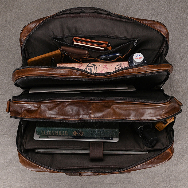 Genuine Oil Leather 17-Inch Laptop Briefcase for Men, New Large Capacity Business Top Handle Shoulder Bag, Premium Leather Work Commute Bag for Gentlemen