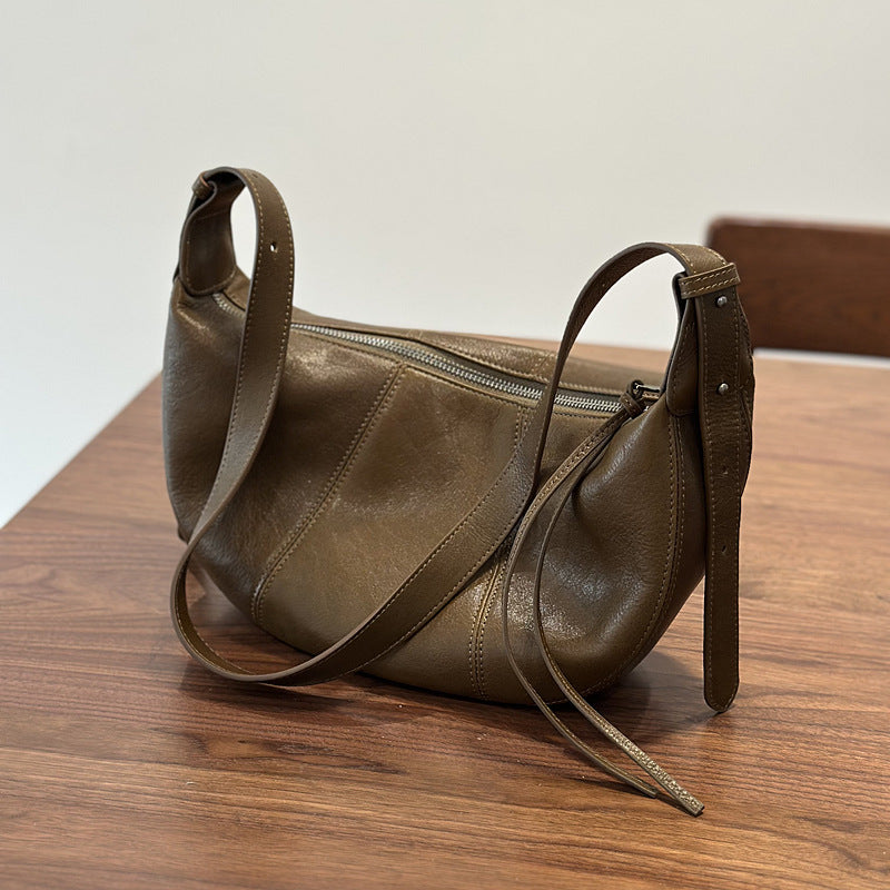 Genuine Top Layer Cowhide Saddle Bag for Women, New Casual Crescent Crossbody Shoulder Purse, Premium Leather Handbag for Ladies