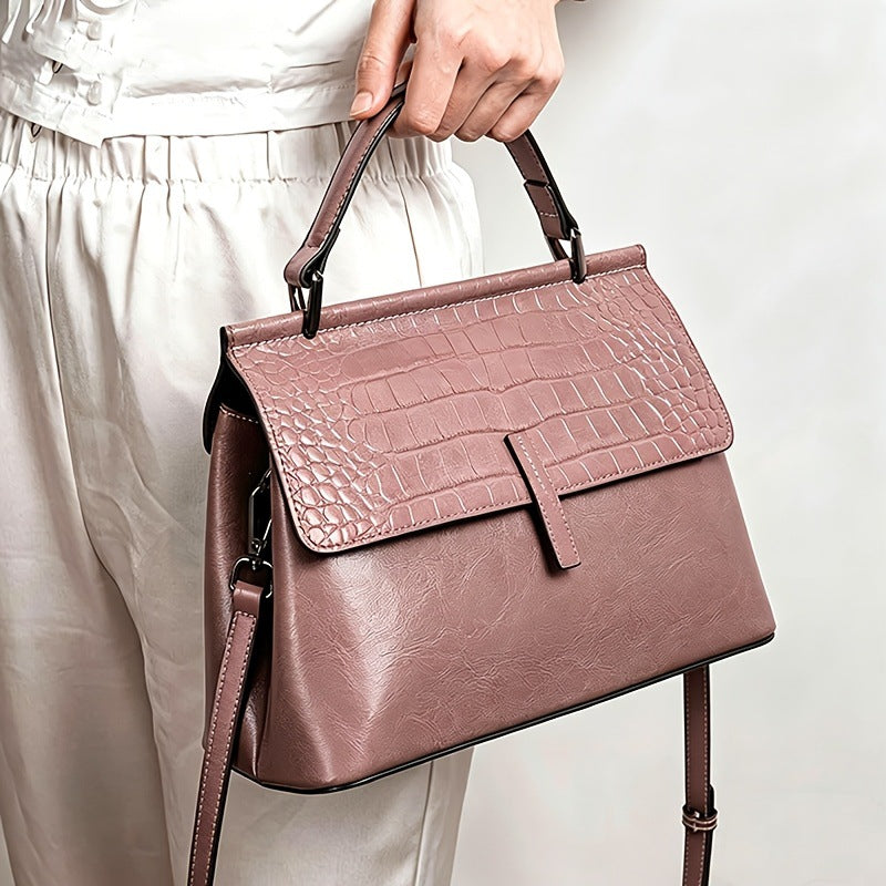 Genuine Waxed Cowhide Crocodile-Embossed Crossbody Bag for Women, New Versatile Shoulder Top Handle Purse, Fashionable Everyday Handbag for Ladies