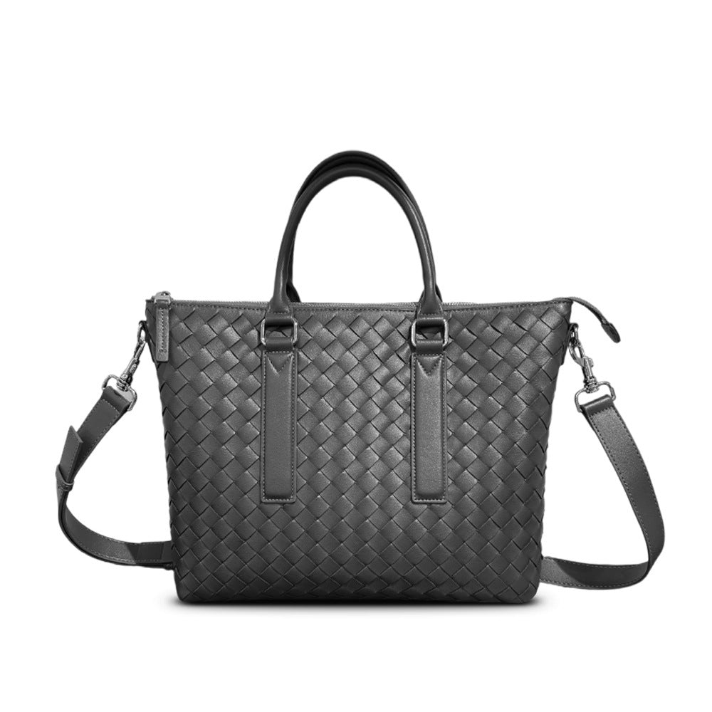 Genuine Leather Woven Large Tote Briefcase, Business Commuter Handbag, Unisex Shoulder & Crossbody Bag