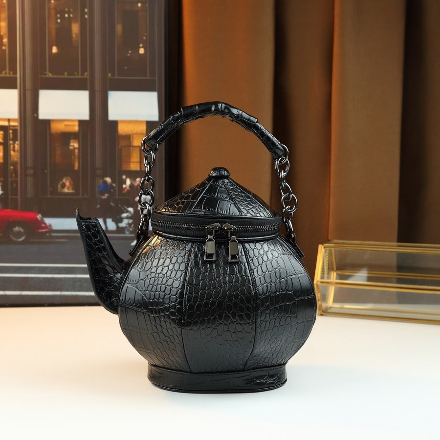 New Arrival Quirky Teapot-Shaped Croc-Effect Bag for Women, A Creative Chinese Style Novelty Shoulder Crossbody Handbag with Unique Fun Design
