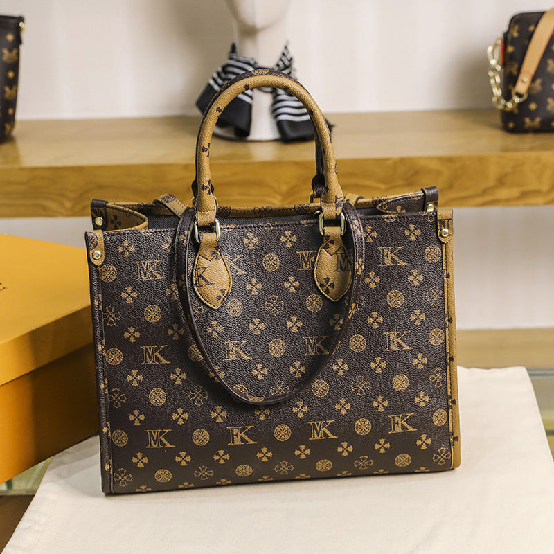 Genuine Leather Printed Tote Bag for Women, New Fashionable Minimalist Large Shoulder Handbag, Versatile Everyday Purse for Ladies