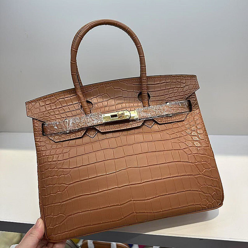 Genuine Top Layer Cowhide Matte Crocodile-Embossed Birkin-Style Bag for Women, Premium Top Handle Shoulder Crossbody Purse, Luxury Handbag for Ladies