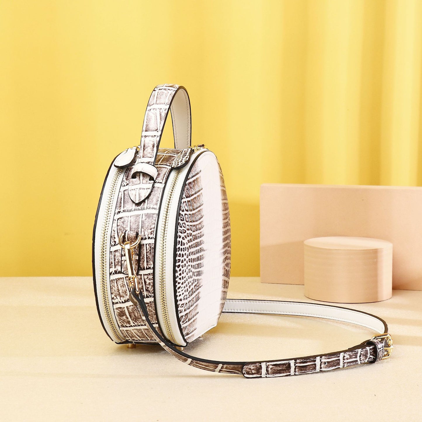 New Arrival Classic Croc-Effect Round Bag in Himalayan White for Women, A Crossbody Shoulder Mini Backpack with Top Handle & Elegant Design