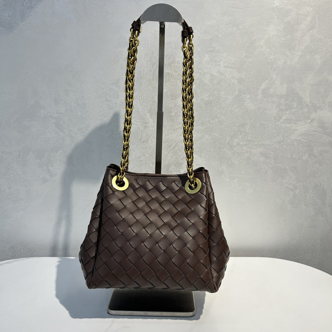 Genuine Leather Metal Chain Woven Parachute Bag for Women, Large Capacity Vintage Underarm Shoulder Crossbody Purse, Premium Handbag for Ladies