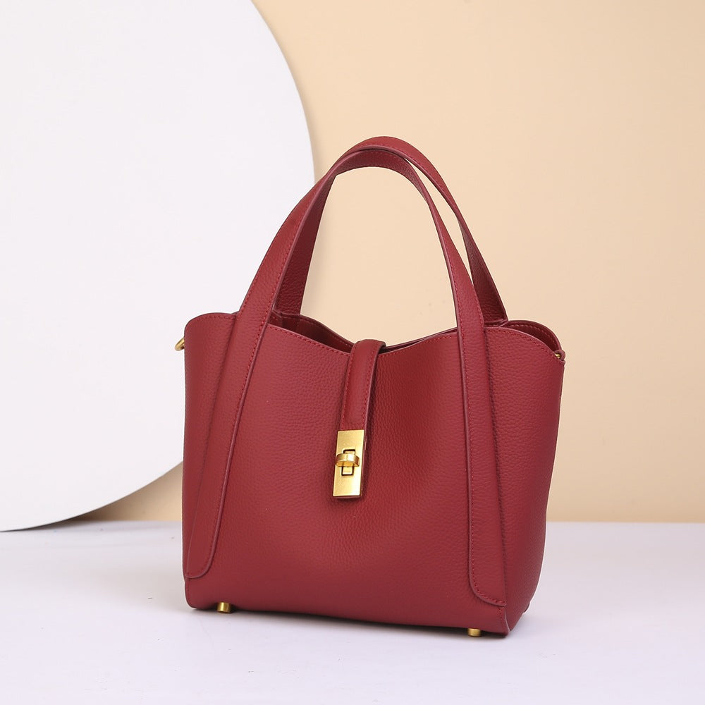 Genuine Top Layer Cowhide Basket Bucket Bag for Women, Light Luxury New Crossbody Top Handle Purse, Premium Leather Handbag for Ladies