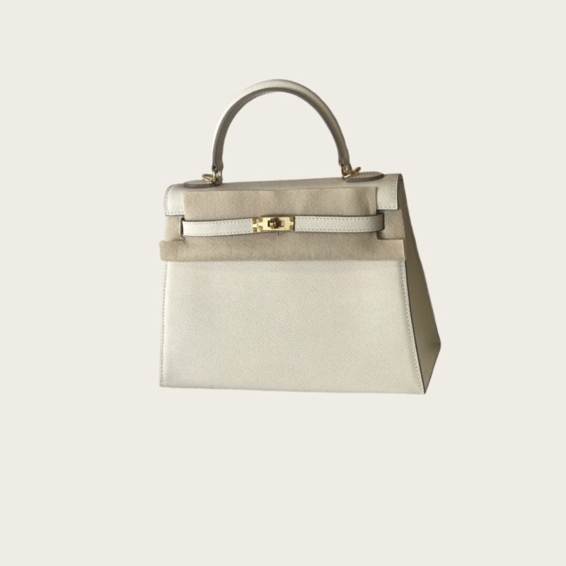 Genuine Epsom Calfskin Leather Kelly-Style 25/28 Top Handle Bag for Women, Premium Commute Handbag with Chic Fashionable Design for Ladies