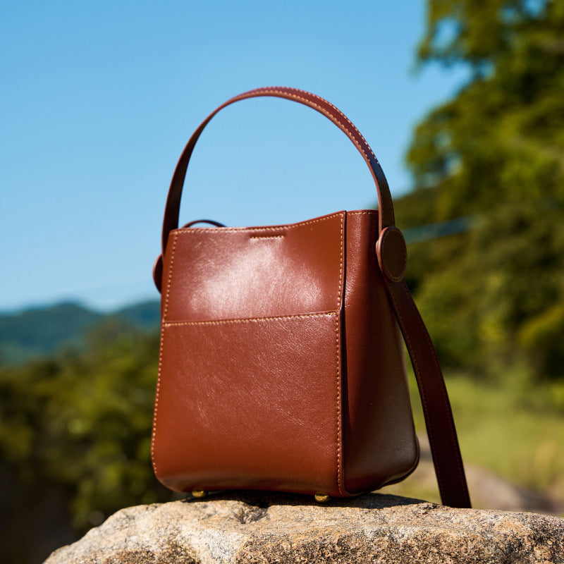 Genuine Cowhide Bucket Bag for Women, New Large Capacity Commute Shoulder Crossbody Purse, Premium Summer Leather Handbag for Ladies