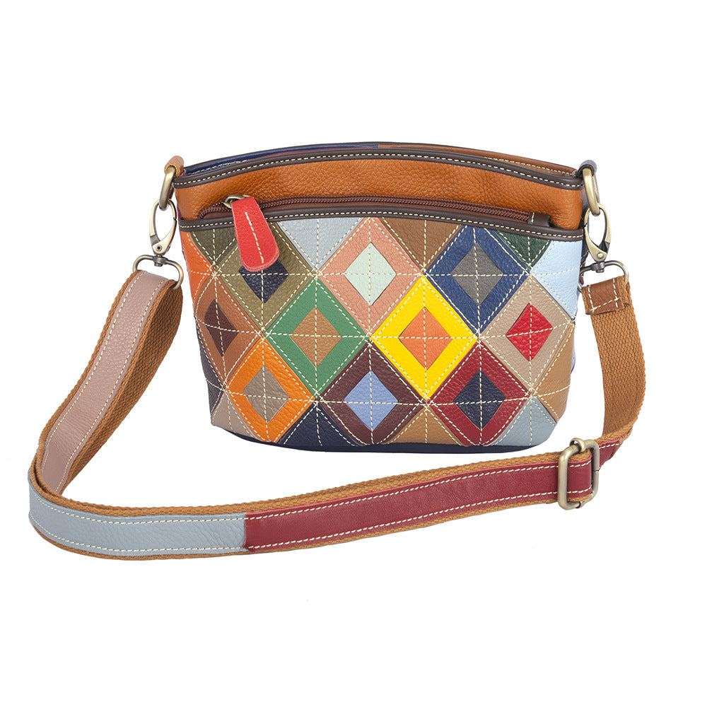 Premium Top-Layer Cowhide Leather Bag for Women | Handcrafted Ethnic Style Plaid Cross-Body Shoulder Handbag | Vibrant Color-Block Design with Bohemian Flair | Unique Artisan Purse with Timeless Craftsmanship & Trendy Appeal