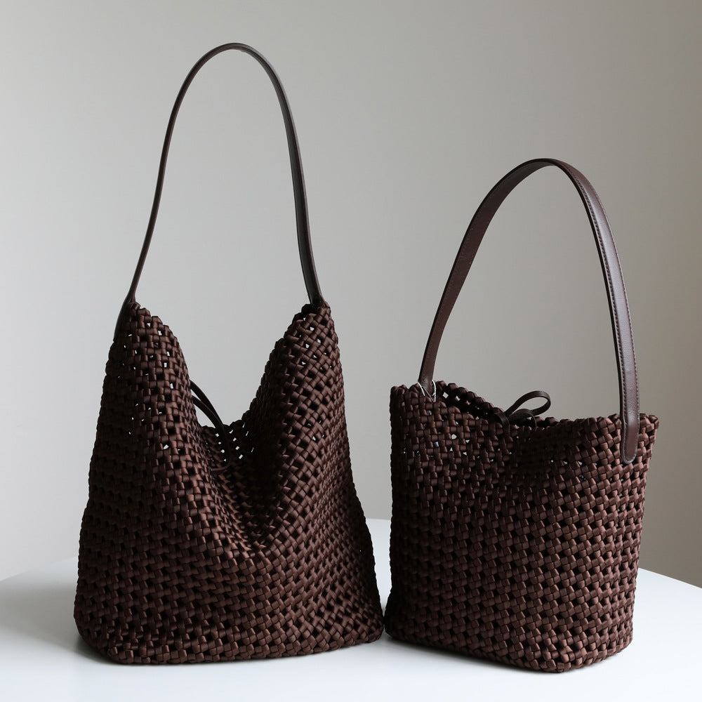Hollow Woven Cowhide Tote Bag for Women Large Capacity Shoulder Underarm Handbag, Designer Style with Versatile Commuter Appeal