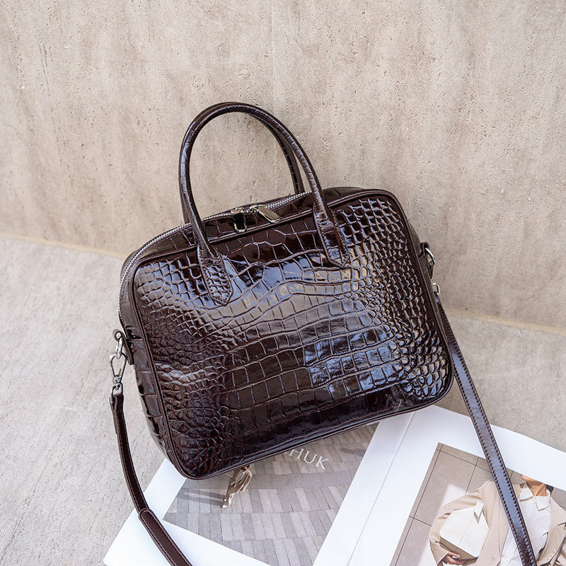 Genuine Leather Crocodile-Embossed Boston Bag for Women, New Stylish Large Capacity Commute Top Handle Crossbody Purse, Versatile Handbag for Ladies