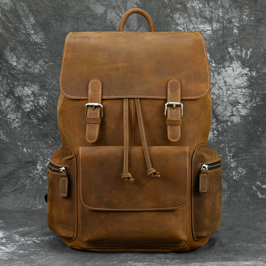 Vintage Crazy Horse Leather Backpack for Men, Top Layer Cowhide Travel Daypack, Premium Leather Rucksack for Men