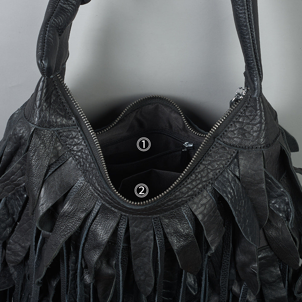 Genuine Leather Black Striped Fringe Hobo Handbag for Women, Soft Slouchy Bohemian Shoulder Purse, Casual Trendy Bag for Ladies