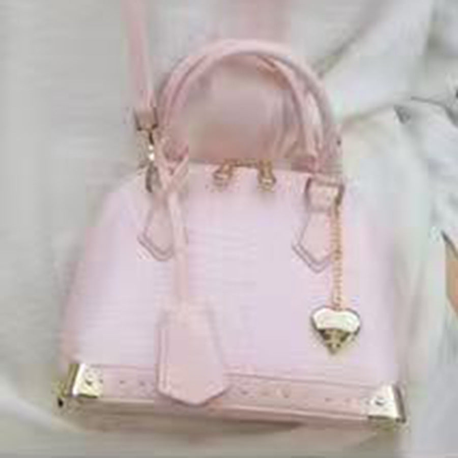 Chic French Style Croc-Effect Shell Bag for Women, A Light Luxury Structured Top-Handle Handbag with Metal Stud Details & Heart Charm, Versatile Shoulder Crossbody Purse