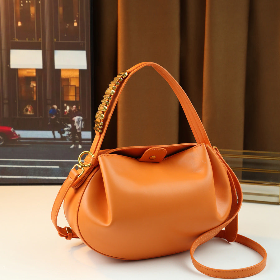 French Style Soft Leather Pleated Cloud Dumpling Bag for Women with Metal Letter Embellishment, Minimalist Solid Color Shoulder Crossbody Handbag