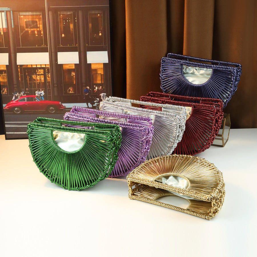 Line Woven Hollow Semi-Circle Bag for Women Niche Shoulder Crossbody Handbag, Exquisite Designer Purse with Artistic Open-Weave Design