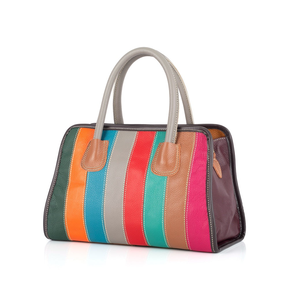 Genuine Cowhide Colorful Stripe Color Block Bag for Women, New Shoulder Crossbody Top Handle Purse, Trendy Handbag for Ladies