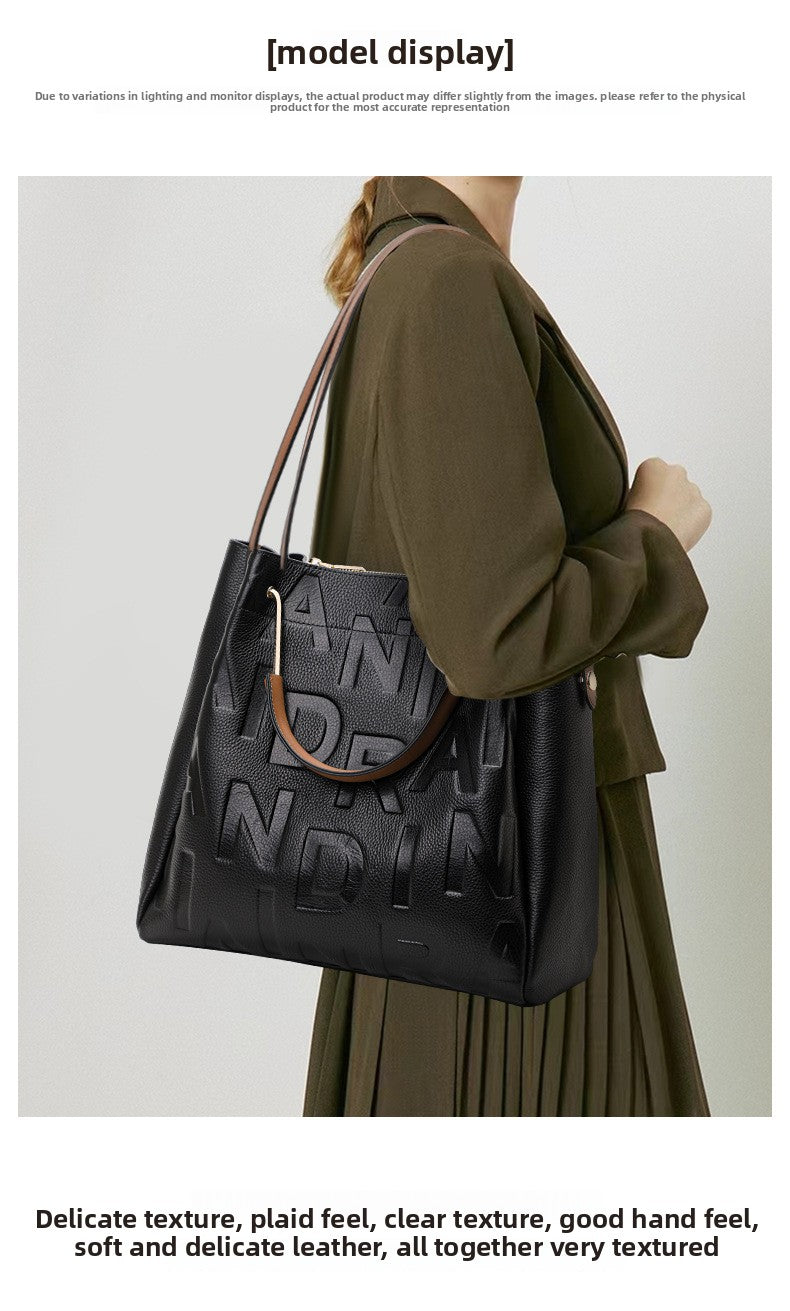 Genuine Leather Large Capacity Bucket Bag for Women, New Trendy Shoulder Crossbody Top Handle Purse, Letter Design Handbag for Ladies