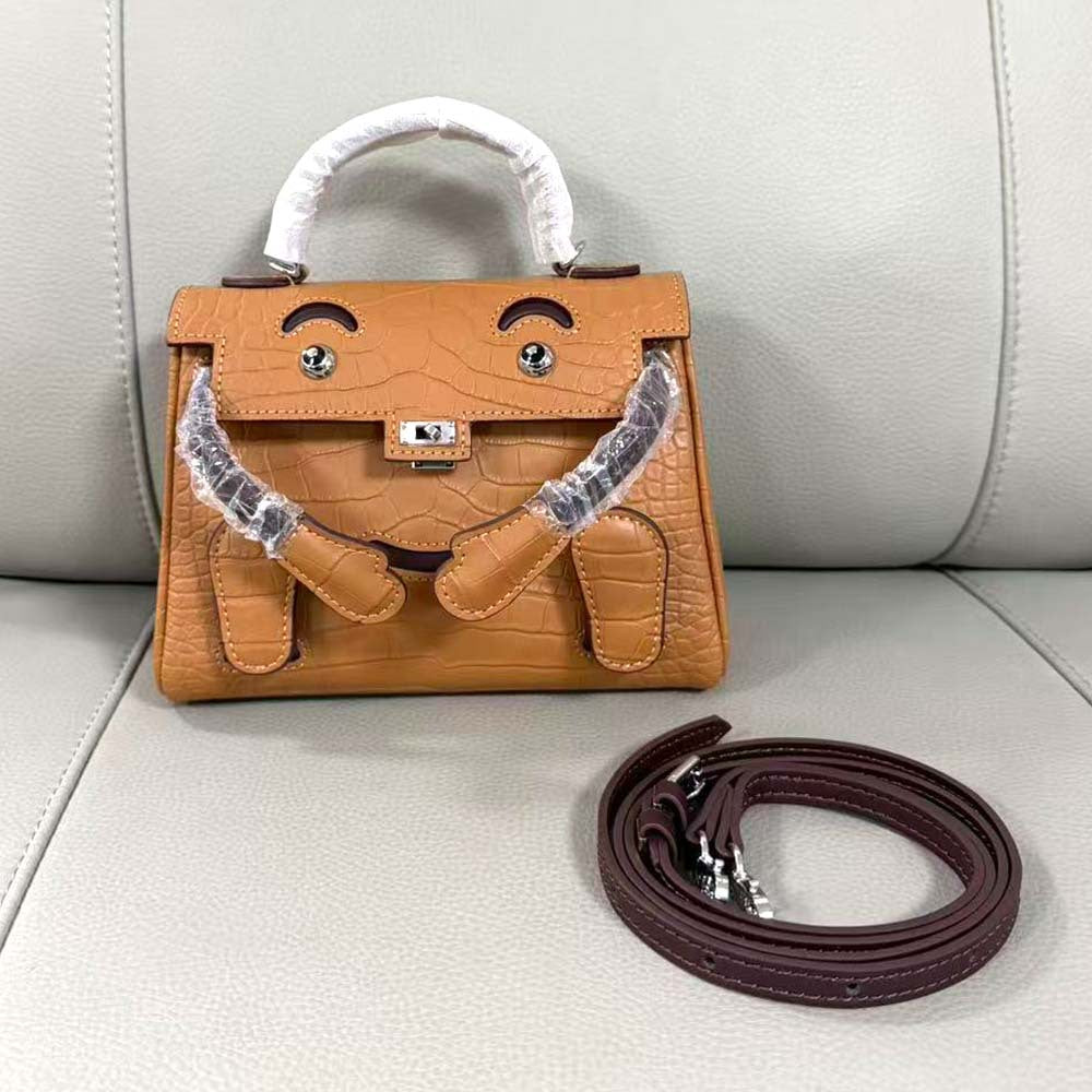Genuine Leather Crocodile-Embossed Smiley Face Kelly-Style Bag for Women, New Millennium Doll Small Square Crossbody Shoulder Purse, Trendy Handbag for Ladies