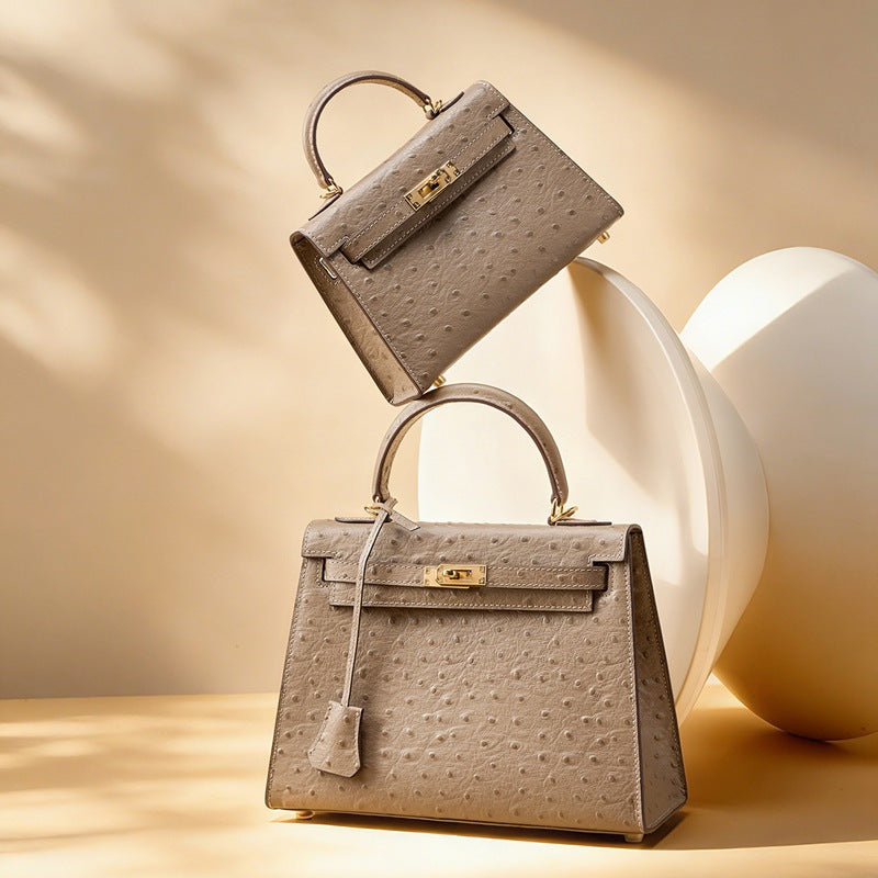 Women's Genuine Leather Handbag Shoulder Bag Top Layer Cowhide Kelly Style Crossbody Purse with Ostrich Embossed Texture