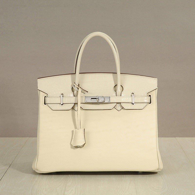 Genuine Top Layer Cowhide Patchwork Handbag for Women, New Pebbled & Crocodile-Embossed Crossbody Top Handle Purse, Trendy Leather Bag for Ladies