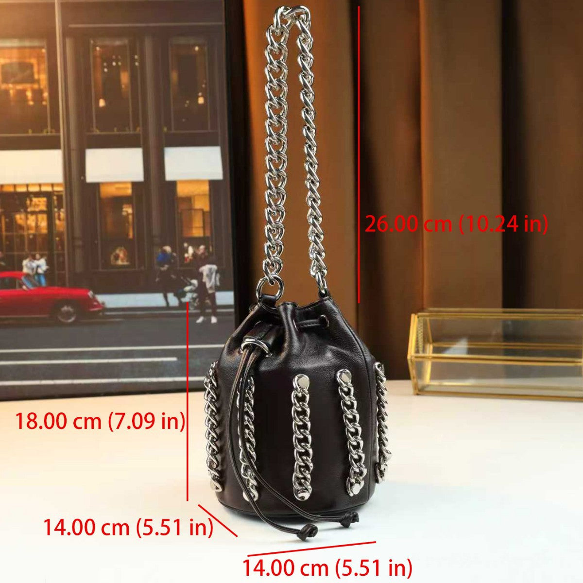 Top Layer Cowhide Drawstring Bucket Bag for Women Chain Shoulder Crossbody Handbag, Trendy Versatile Purse with Small Cylinder Silhouette