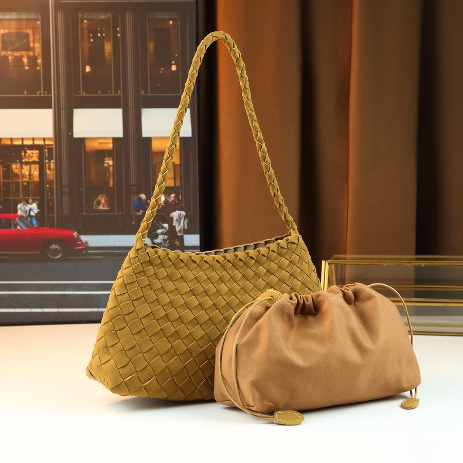 Handwoven Suede Shell Tote Set for Women with Detachable Sub-Bag, Niche Shoulder Handbag with Basket-Style Design