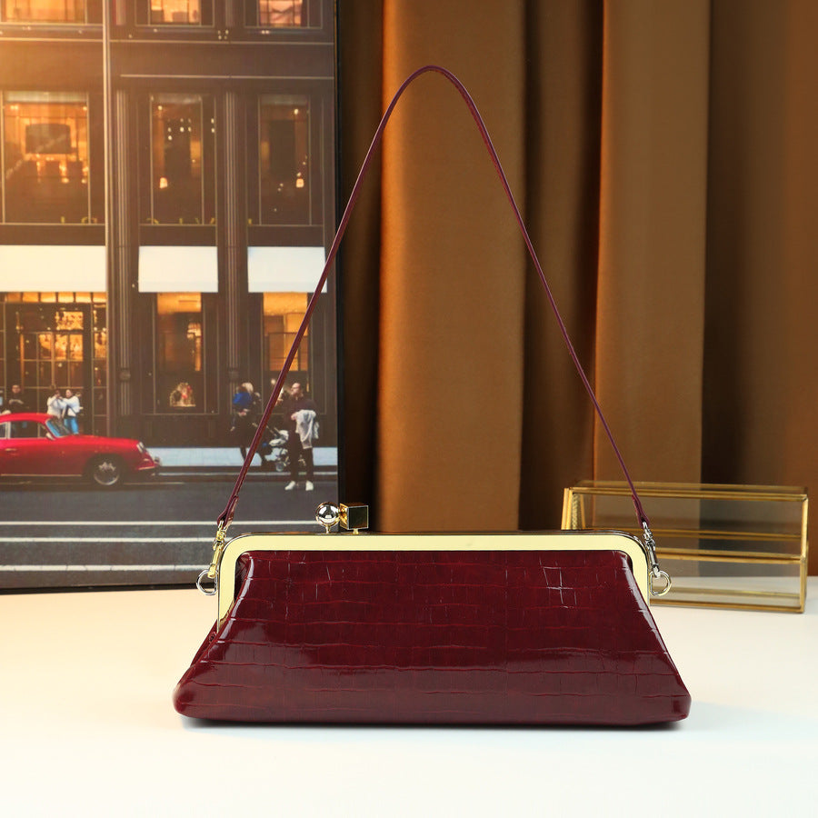 French Stone Grain Baguette Bag for Women Metal Clip Evening Shoulder Handbag, Large Capacity High-Fashion Purse with Elegant Texture