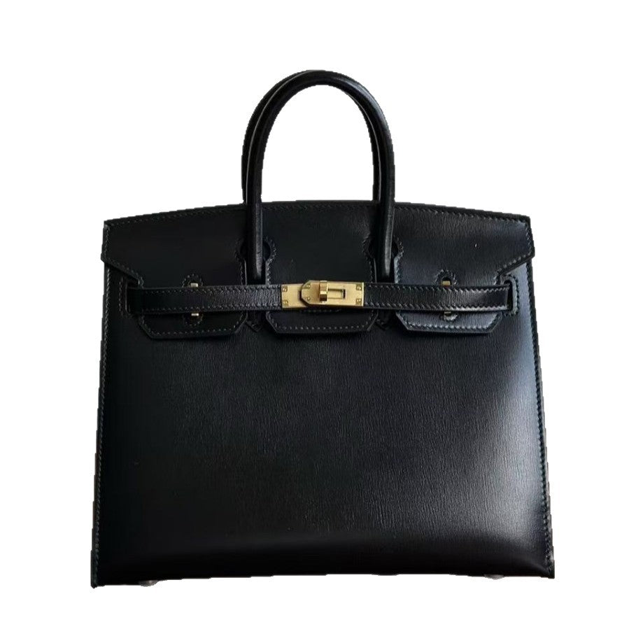 Genuine Top Layer Cowhide Box Leather Birkin-Kelly Style Bag for Women, New Large Capacity Top Handle Shoulder Purse, Premium Handbag for Ladies
