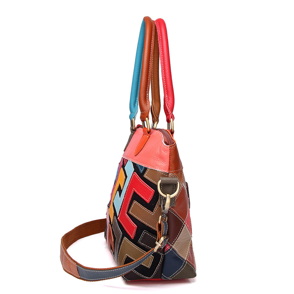 Genuine Cowhide Colorful Patchwork Handbag for Women, New Handmade Plaid Shoulder Top Handle Purse, Trendy Everyday Bag for Ladies