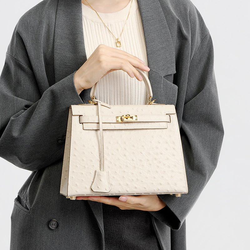 Women's Genuine Leather Handbag Shoulder Bag Top Layer Cowhide Kelly Style Crossbody Purse with Ostrich Embossed Texture