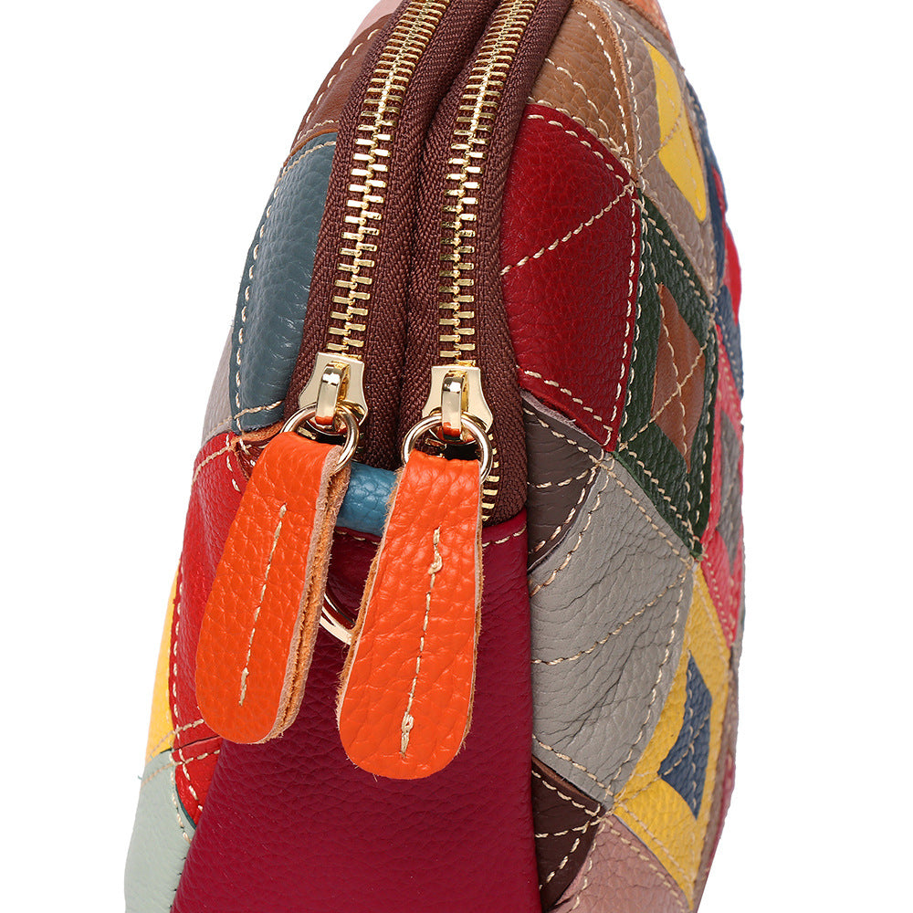 Genuine Top Layer Cowhide Colorful Patchwork Shell Bag for Women, Fashionable Fresh Sweet Casual Ethnic Shoulder Small Purse, Trendy Handbag for Ladies