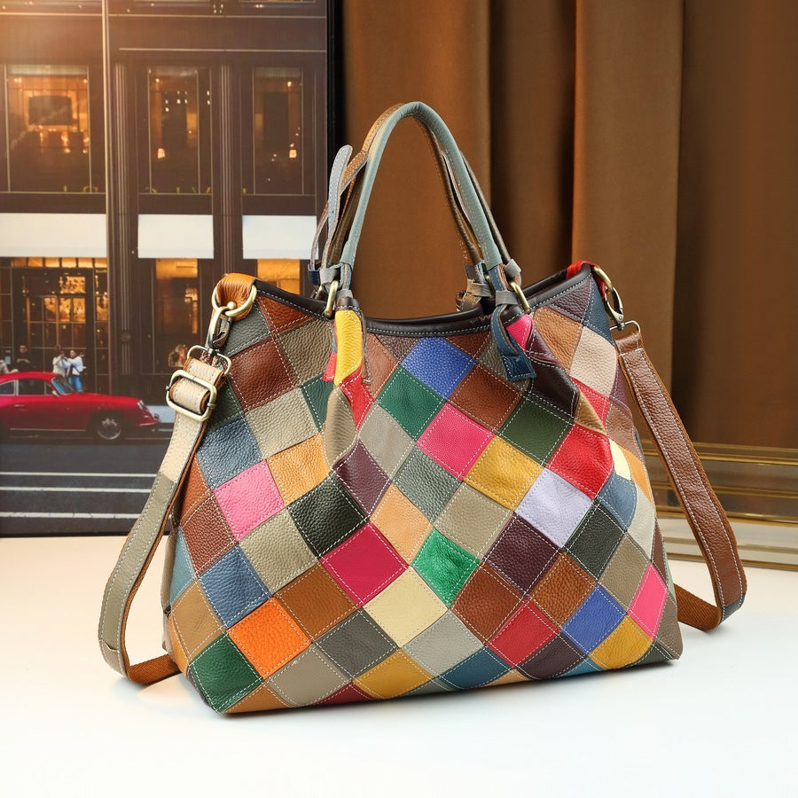 Iridescent Geometric Patchwork Tote Bag for Women Color-Block Genuine Leather Large Capacity Shoulder Crossbody Handbag with Artistic Design
