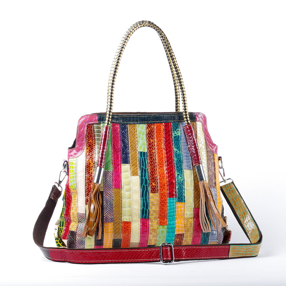 Snakeskin Patent Stripe Color Block Tote Bag with Tassel, Genuine Leather Shoulder Crossbody Purse, Fashionable Handbag for Women