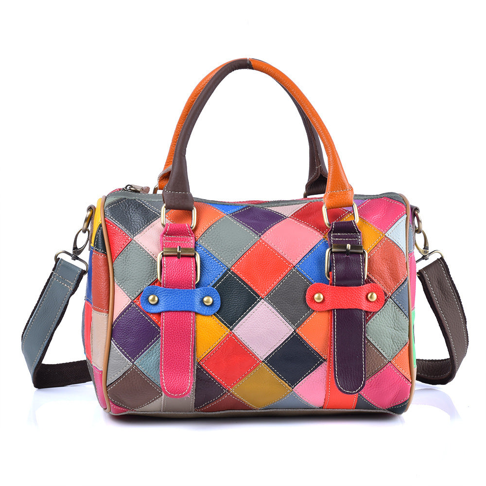 Colorful Plaid Patchwork Genuine Cowhide Bag, Trendy Versatile Top Handle Crossbody Shoulder Purse, Stylish Handbag for Women