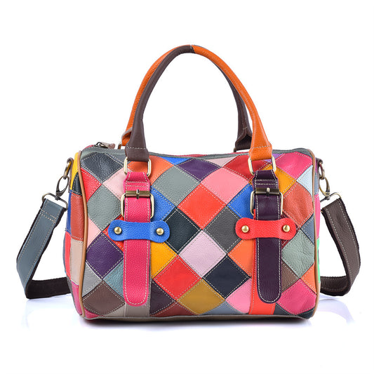 Colorful Plaid Patchwork Genuine Cowhide Bag, Trendy Versatile Top Handle Crossbody Shoulder Purse, Stylish Handbag for Women