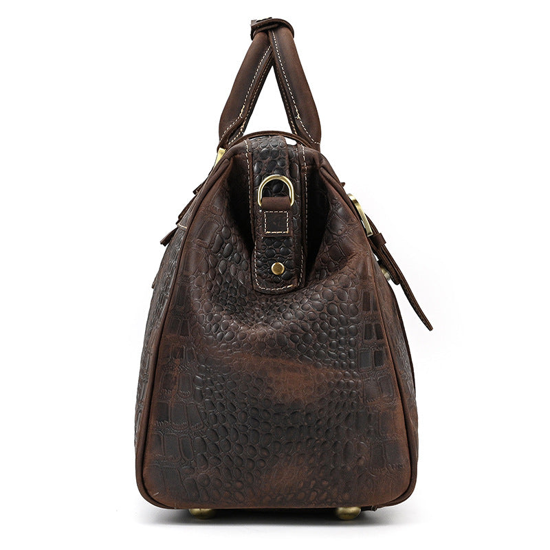 Crocodile-Embossed Leather Large Capacity Travel Duffle with Lock, Top Handle Shoulder Crossbody Bag, Premium Outdoor Luggage for Men
