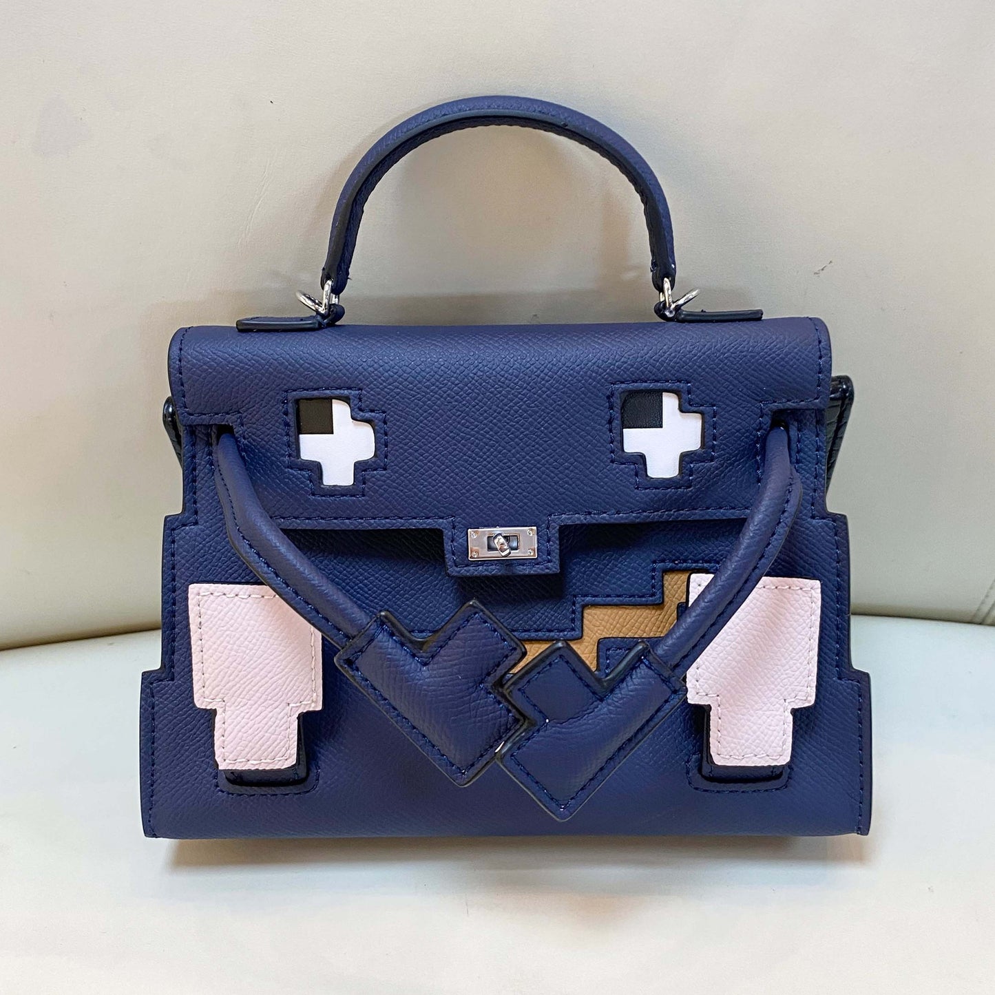 Genuine Leather Mosaic Doll Kelly-Style Bag for Women, Summer Bestseller Niche Designer Top Handle Shoulder Crossbody Purse, Cartoon Print Handbag for Ladies