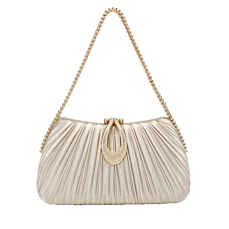 Rhinestone Embellished Pleated Evening Clutch for Women, Sparkly Party Shoulder Chain Purse, Light Luxury Wedding Gown Handbag for Ladies